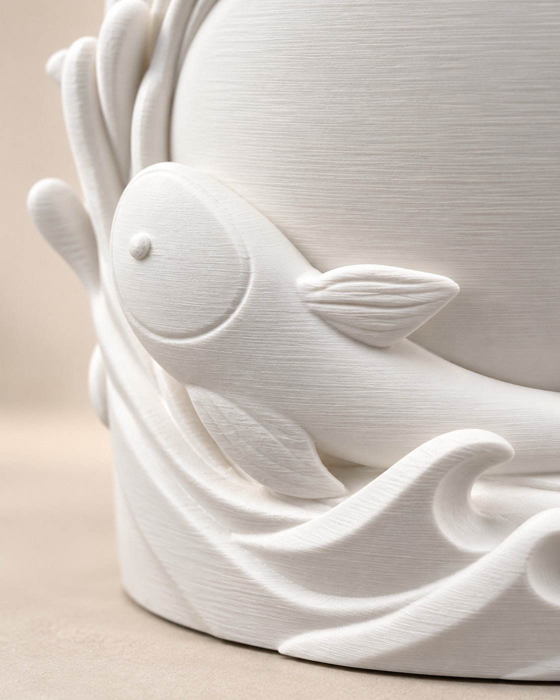 Close-up of the Twin Fish Orb Lamp showing fine printed layer lines