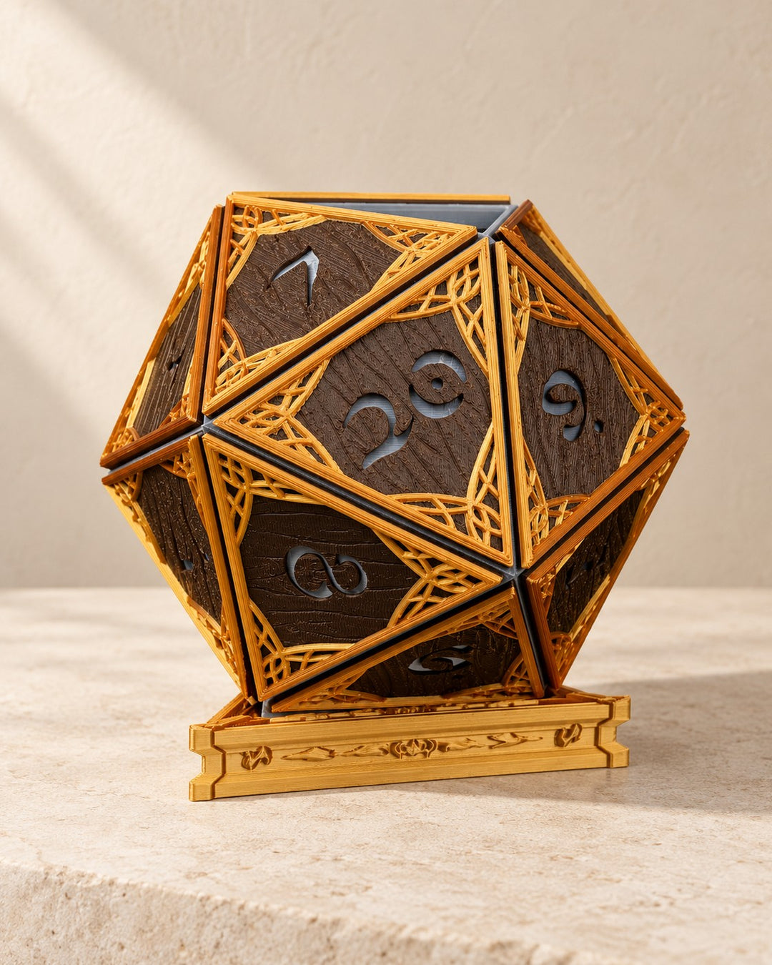 Elven Die Planter: Twenty-sided filigree planter with a matching drainage stand