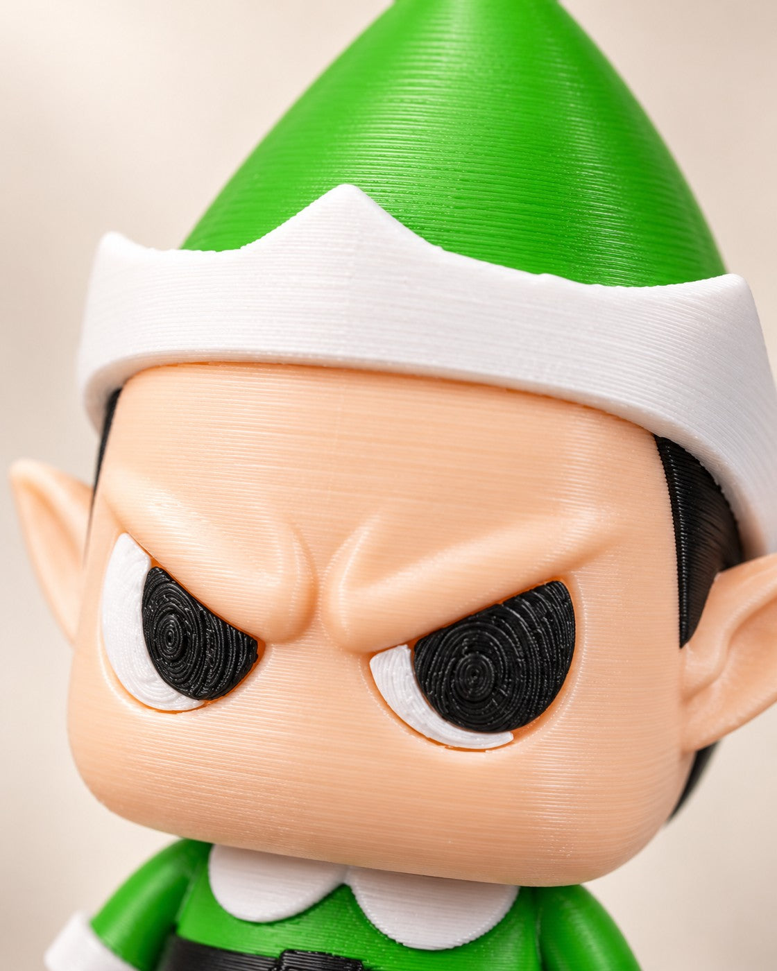 Close-up of the Grumpy Elf with Gift Container showing fine printed layer lines