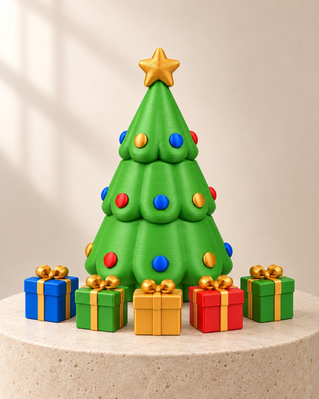Hidden Santa Tree on a pale limestone plinth, soft studio light