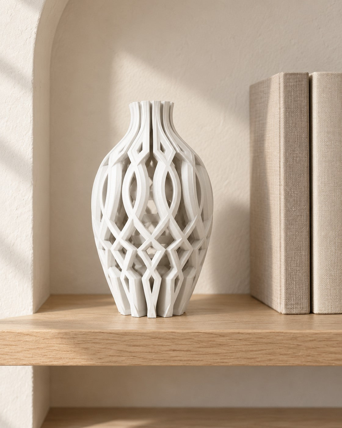 Lattice Vase in a calm, softly lit interior, shown at true scale