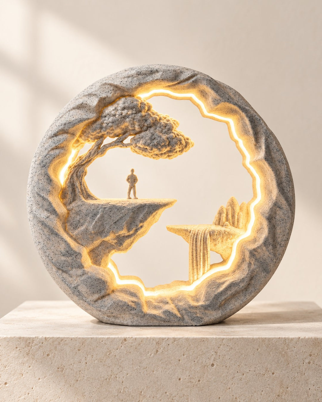 The Wanderer Lamp: Circular marble-effect lamp with a lone figure on a rocky cliff