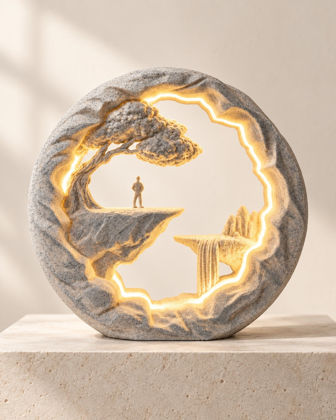 The Wanderer Lamp on a pale limestone plinth, soft studio light