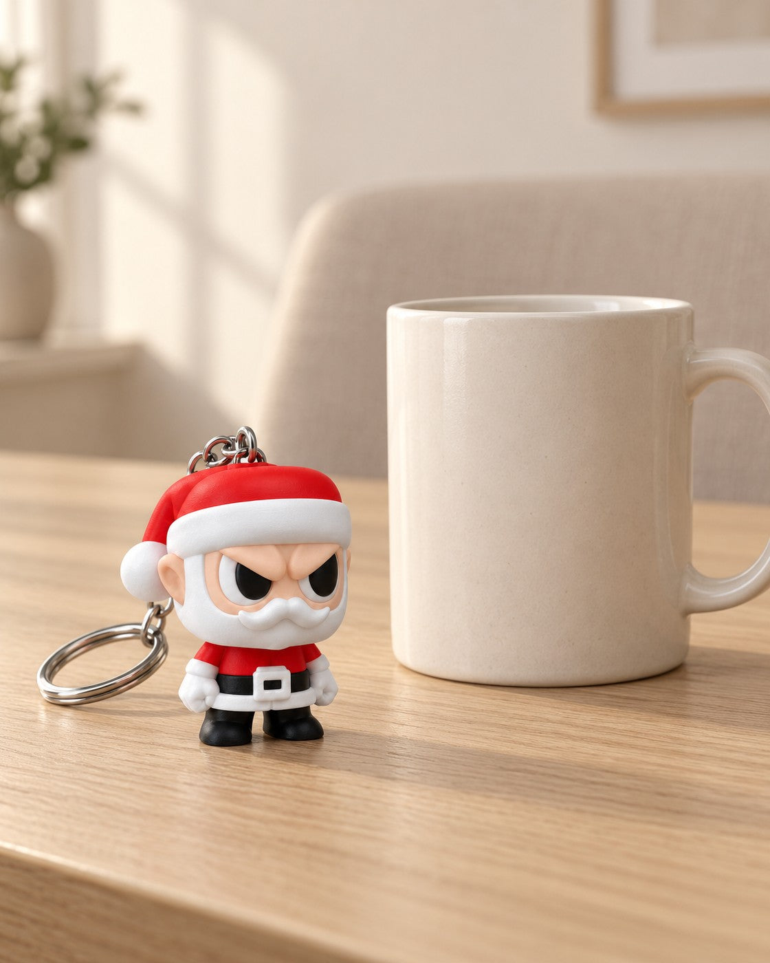 Santy Claus Keyring in a calm, softly lit interior, shown at true scale