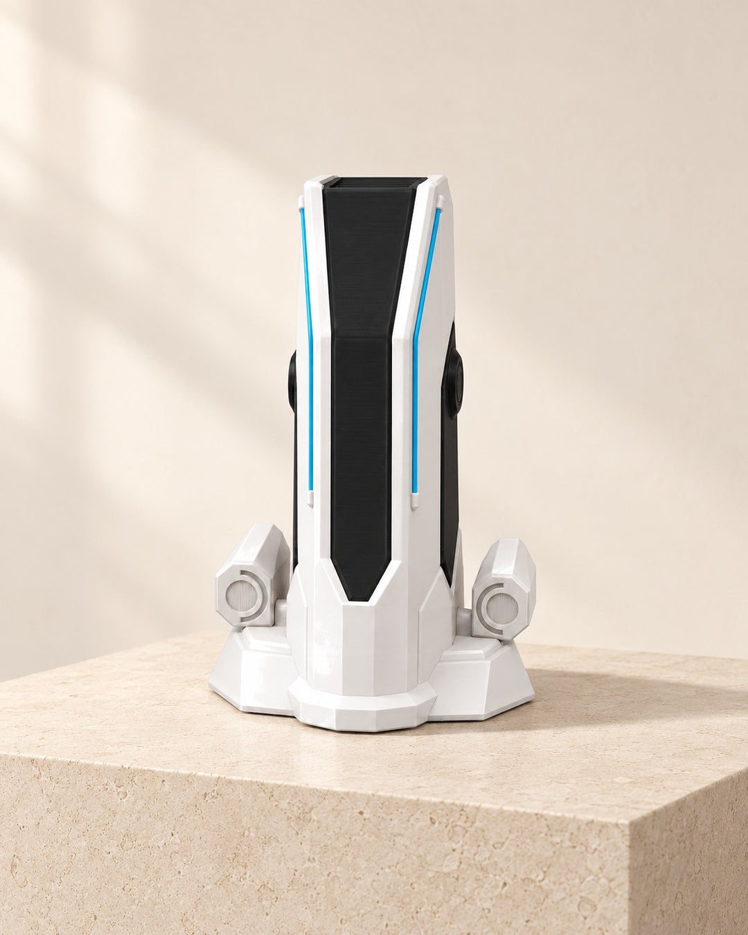 Tower Headphone Stand: White and black stand with sky-blue accent strips and hexagonal side pods