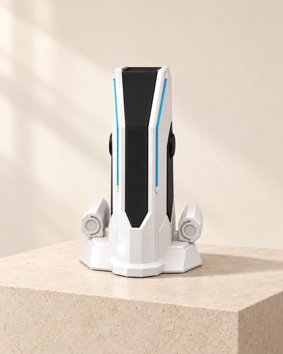 Tower Headphone Stand on a pale limestone plinth, soft studio light
