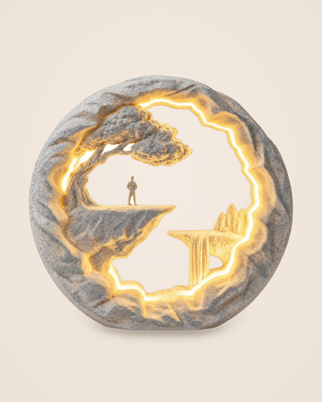 The Wanderer Lamp: Circular marble-effect lamp with a lone figure on a rocky cliff