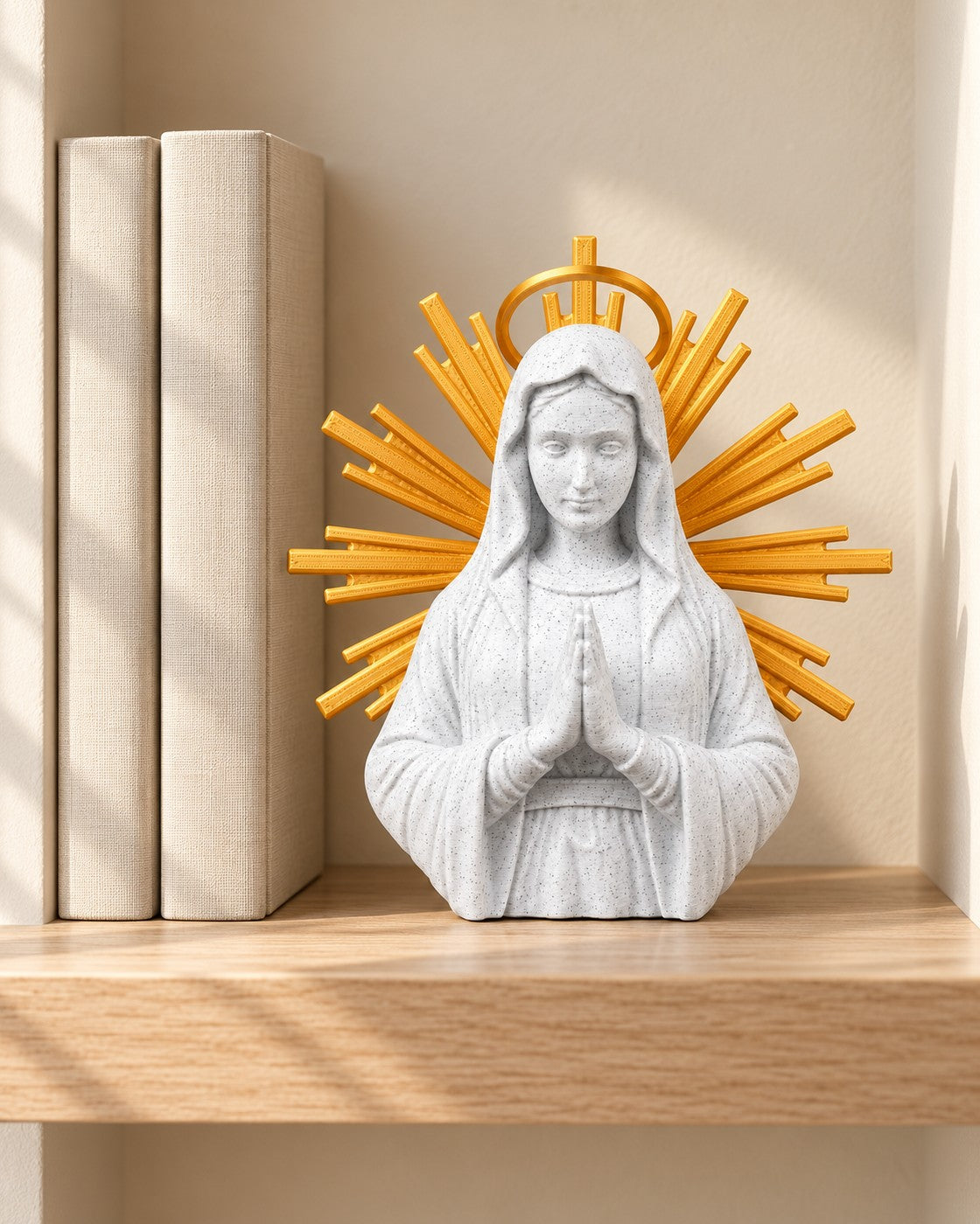 Holy Mary Sunburst Bust in a calm, softly lit interior, shown at true scale