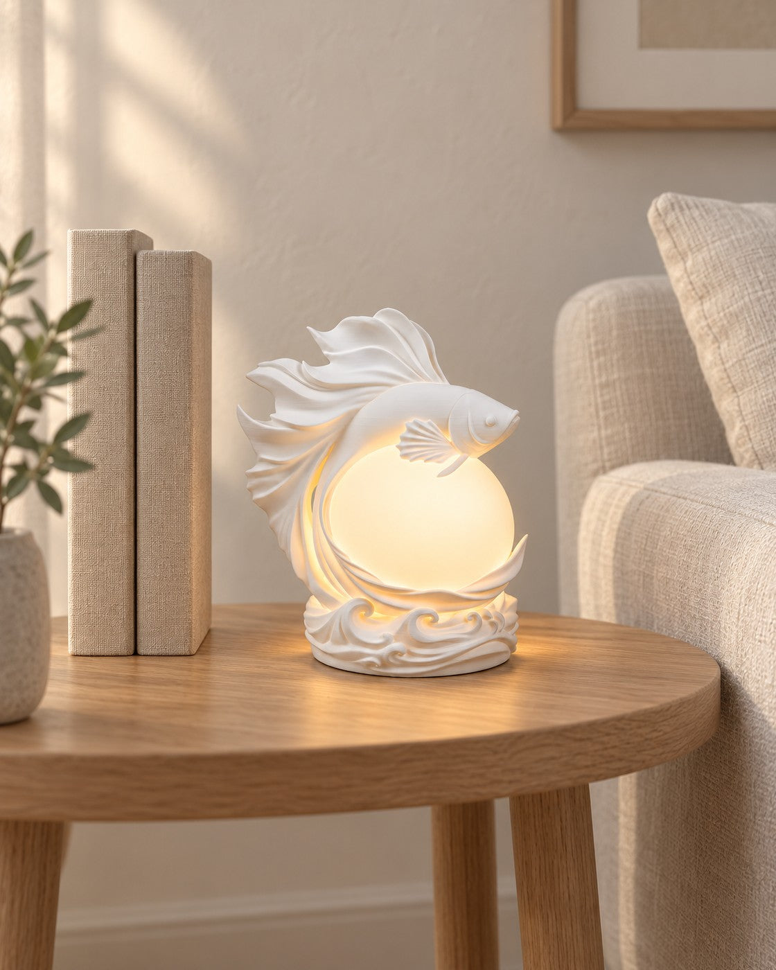 Betta Sphere Lamp in a calm, softly lit interior, shown at true scale