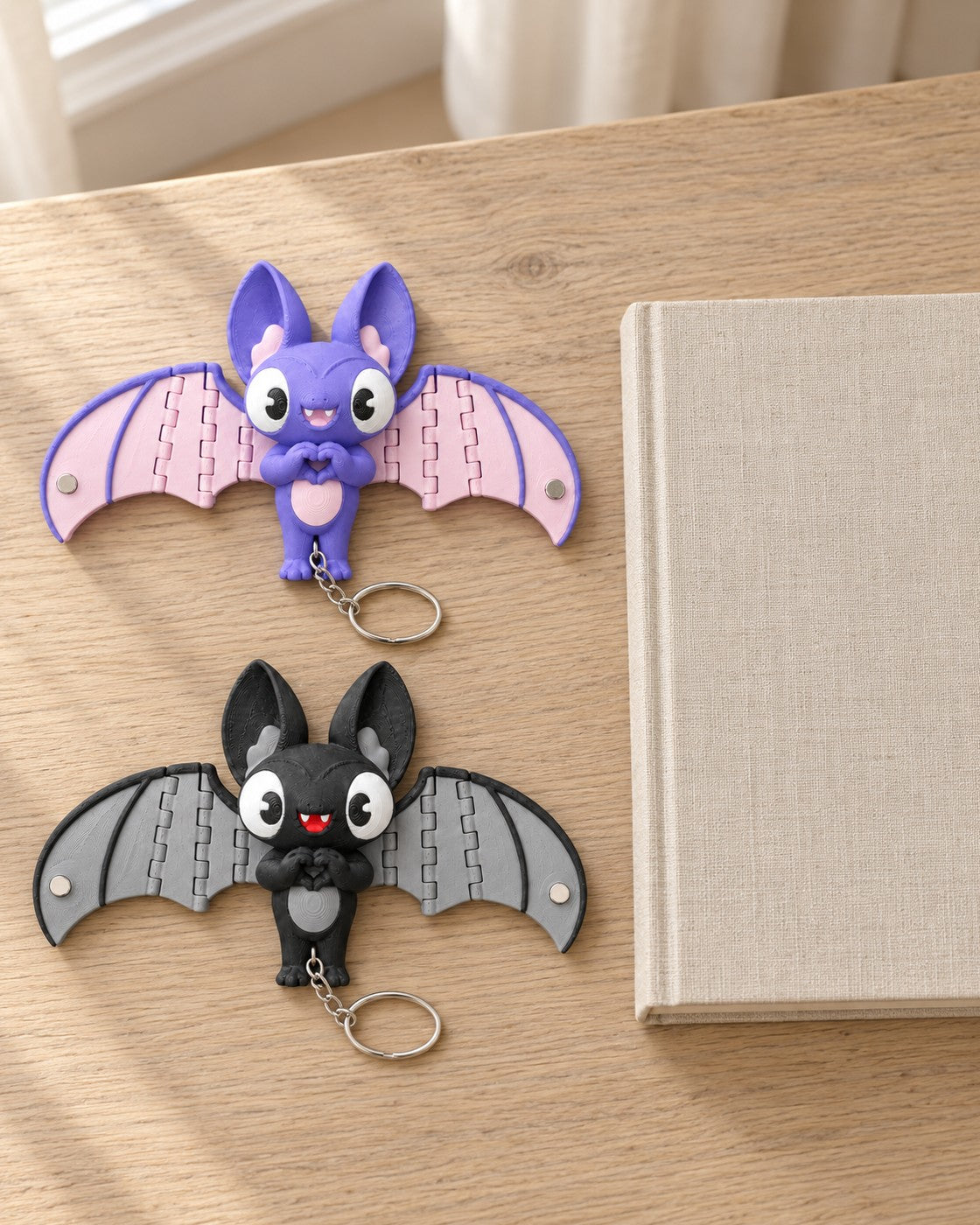 Love Bat Keyring Duo in a calm, softly lit interior, shown at true scale