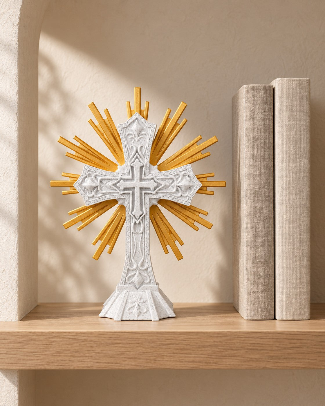 Sacred Cross Ornament in a calm, softly lit interior, shown at true scale