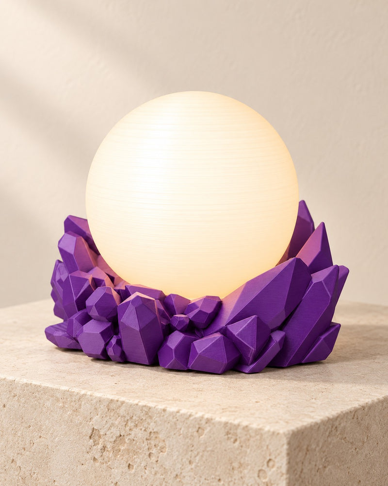 Amethyst Sphere Lamp on a pale limestone plinth, soft studio light