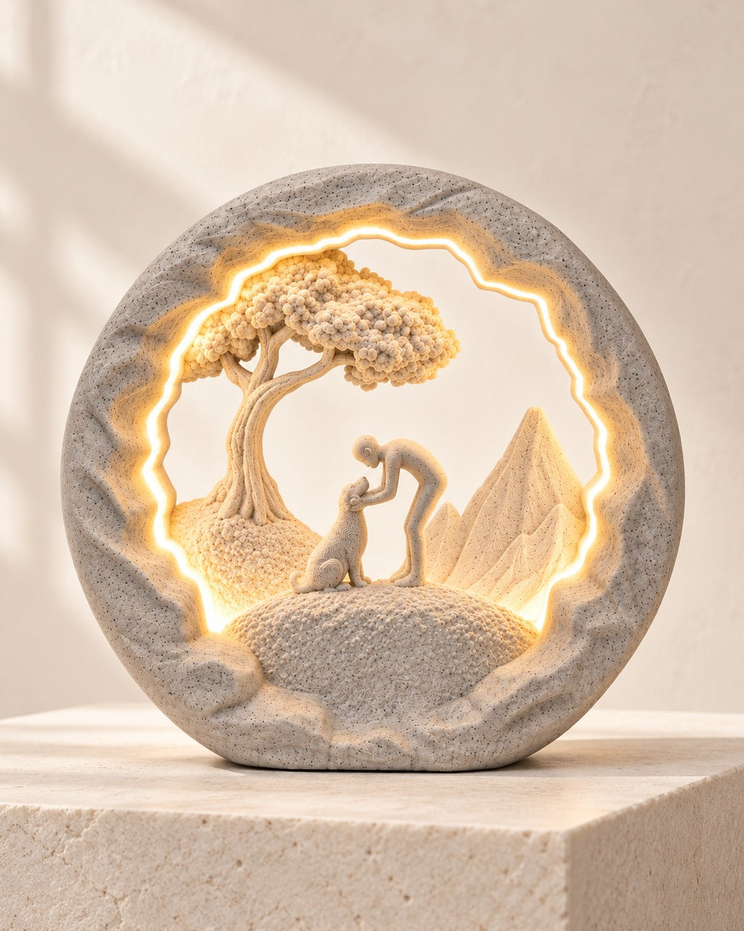 Good Boy Dog Lamp: A person greeting a dog beneath a mountain scene, in warm light