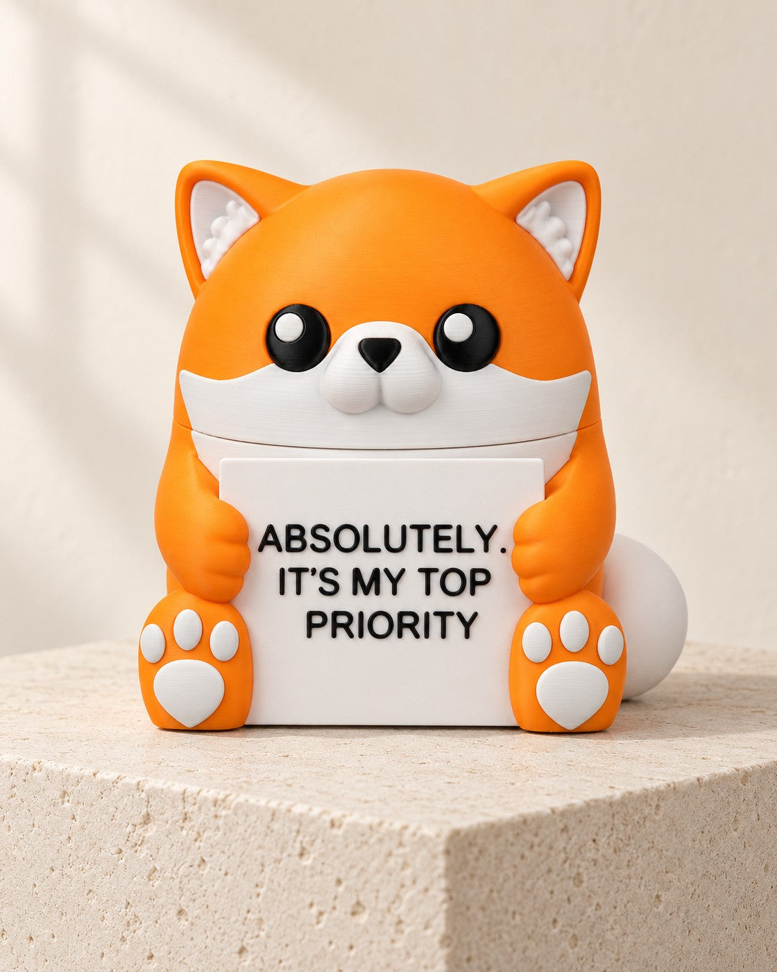 Hidden Fox Desk Ornament on a pale limestone plinth, soft studio light