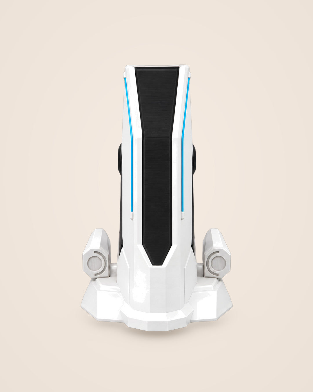 Tower Headphone Stand: White and black stand with sky-blue accent strips and hexagonal side pods