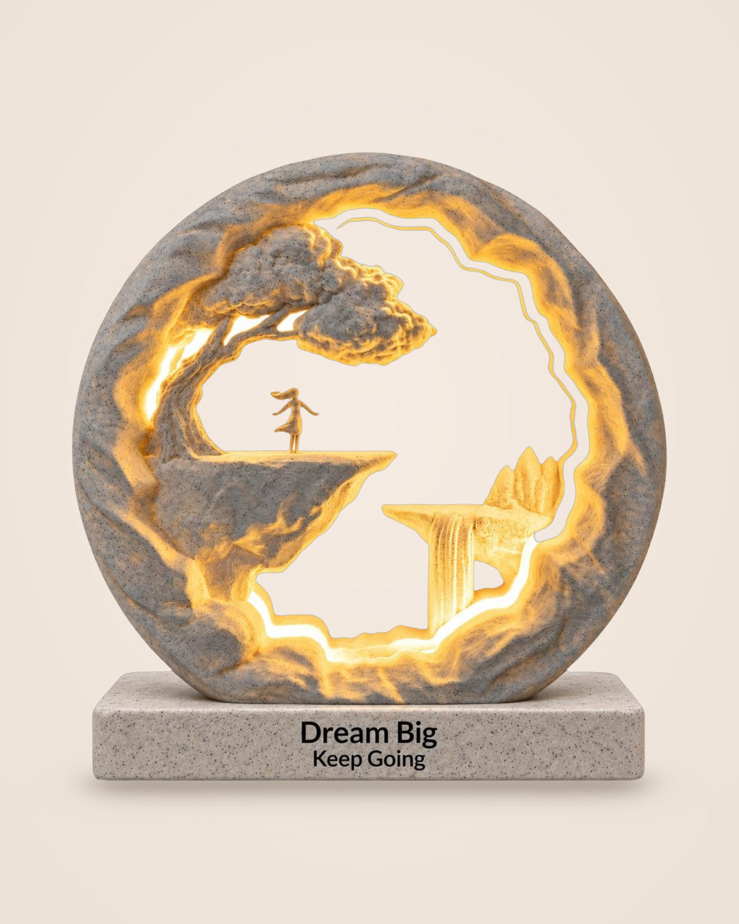 The Dreamer Lamp, Personalised: Cliff-edge scene lamp with your own words on the plinth