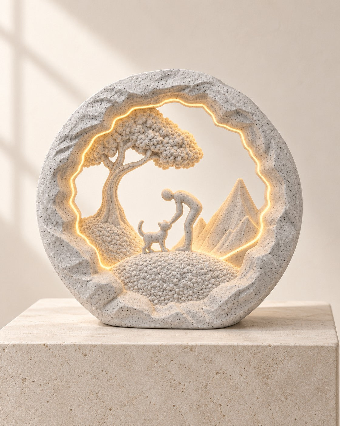 Best Friend Lamp on a pale limestone plinth, soft studio light