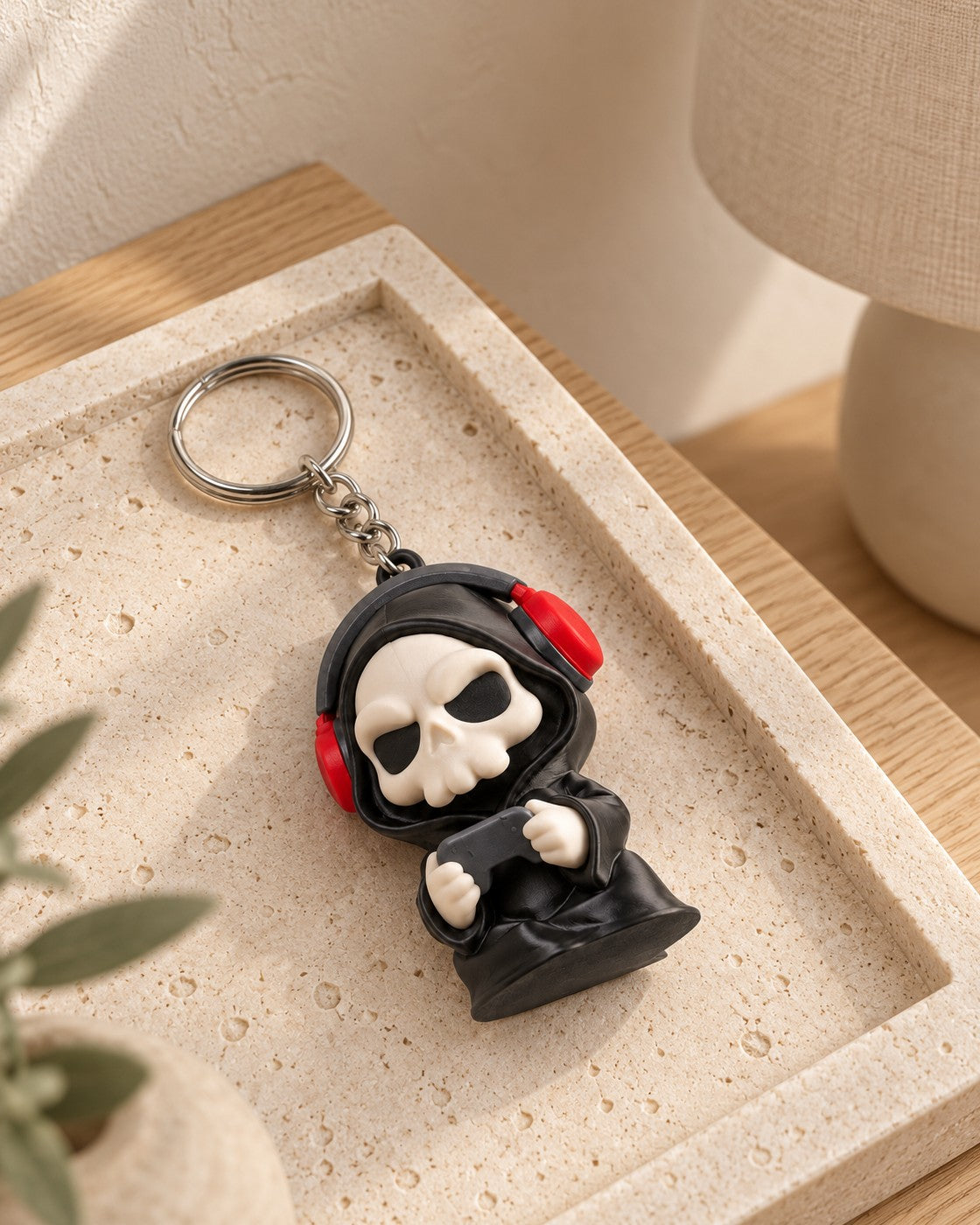Press F Reaper Keyring in a calm, softly lit interior, shown at true scale