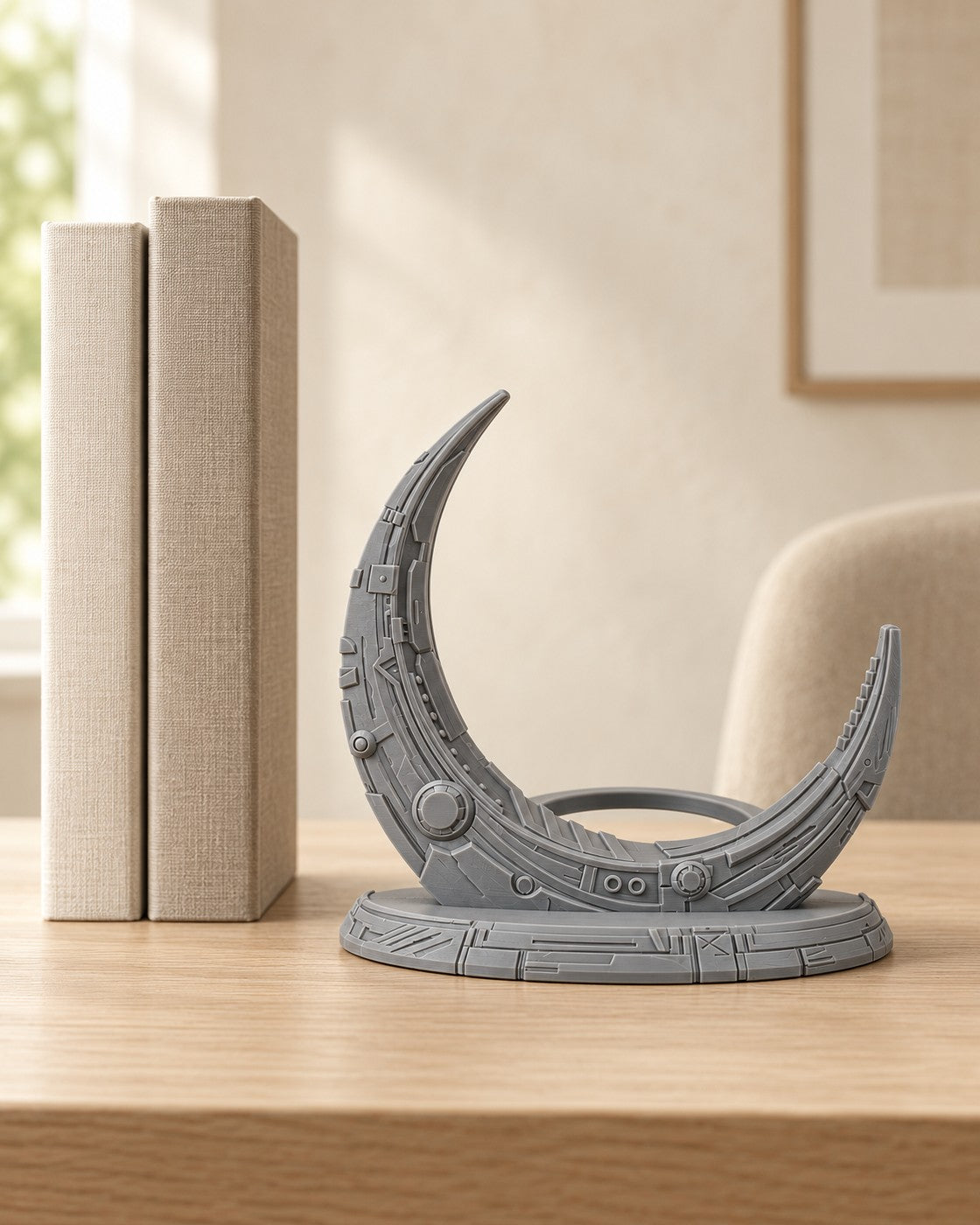 Robot Moon Console Stand in a calm, softly lit interior, shown at true scale