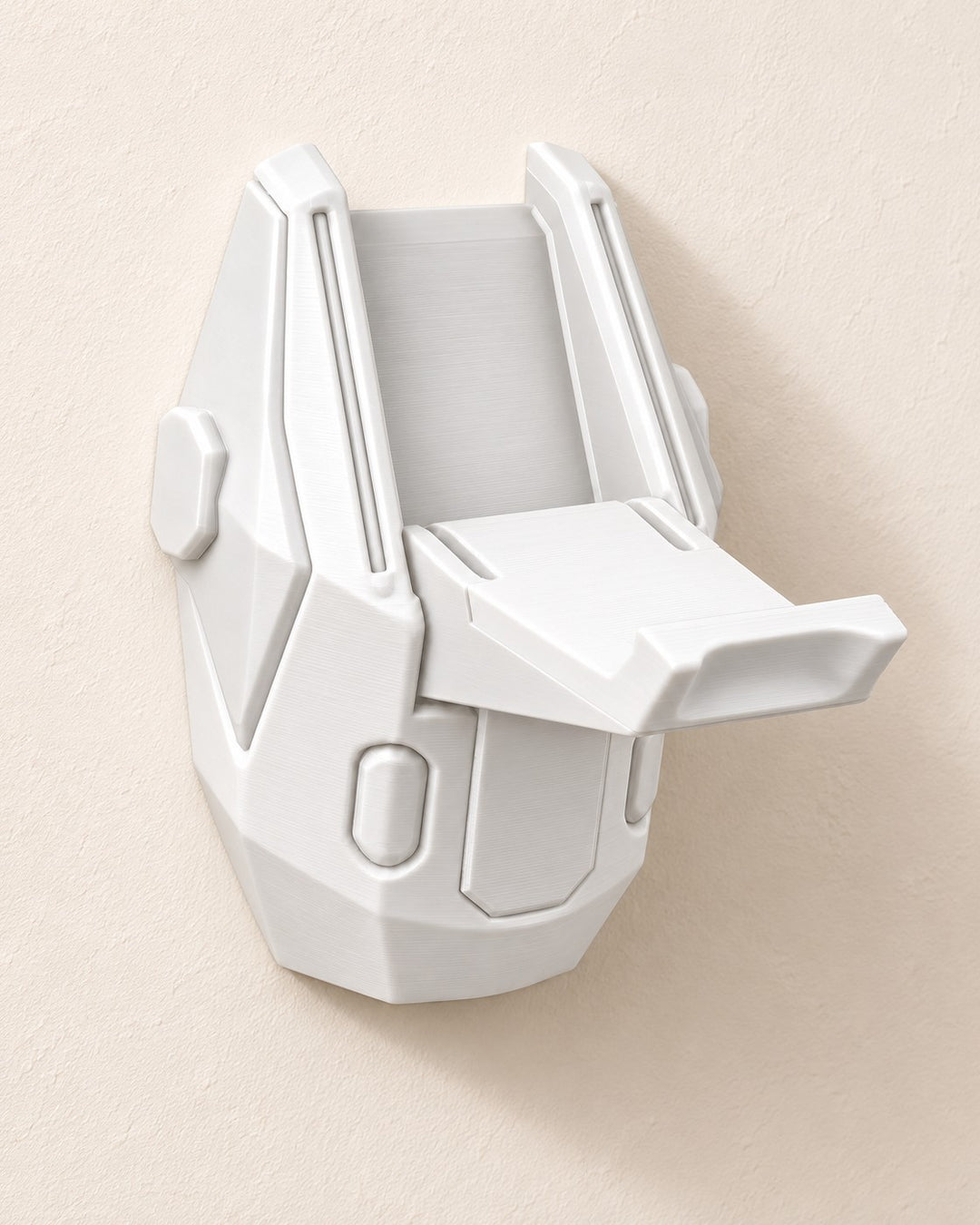 Sci-Fi Headphone Hook: Angular wall shell with a slim hook arm, in matte white