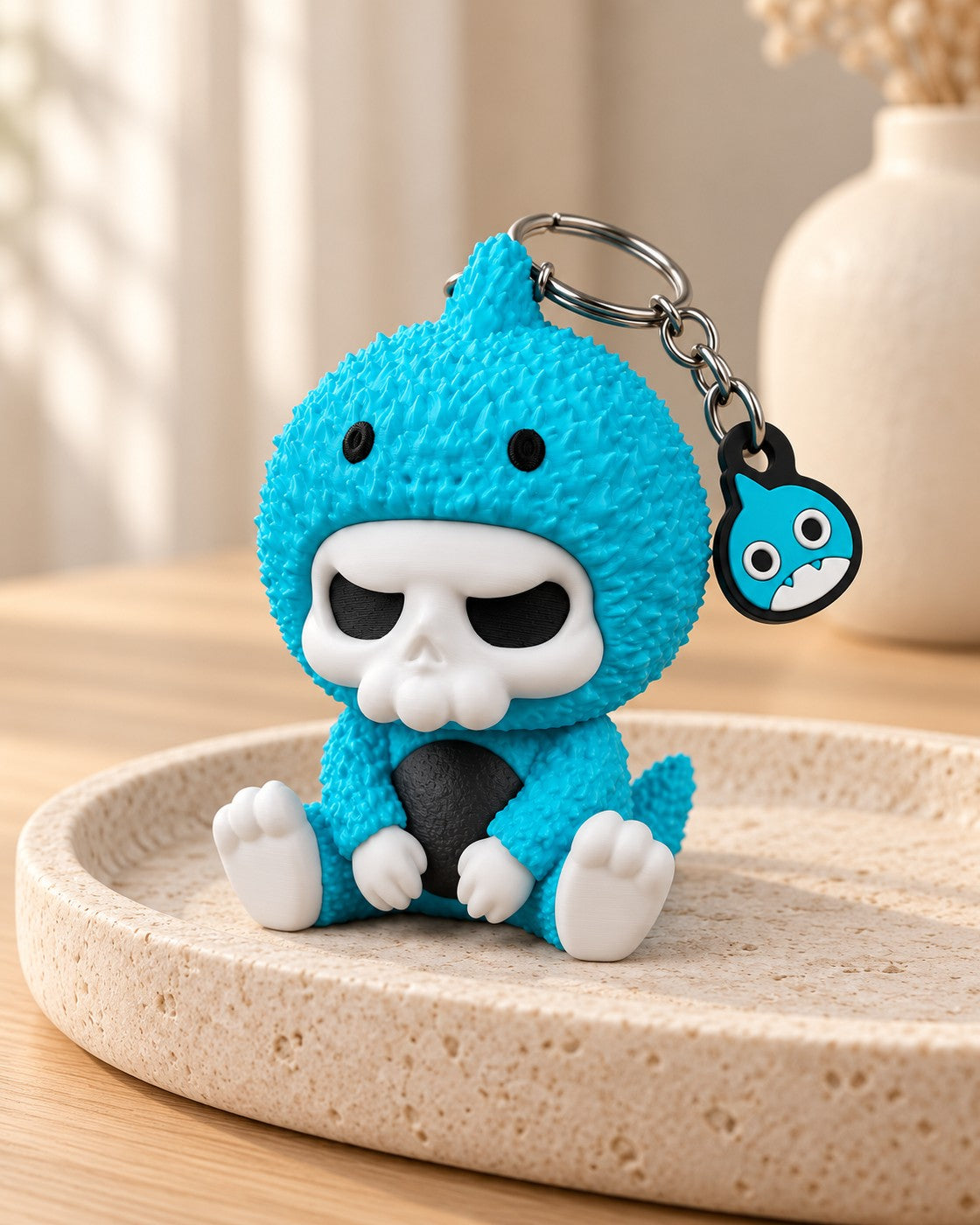 Chompy Skull Keyring in a calm, softly lit interior, shown at true scale