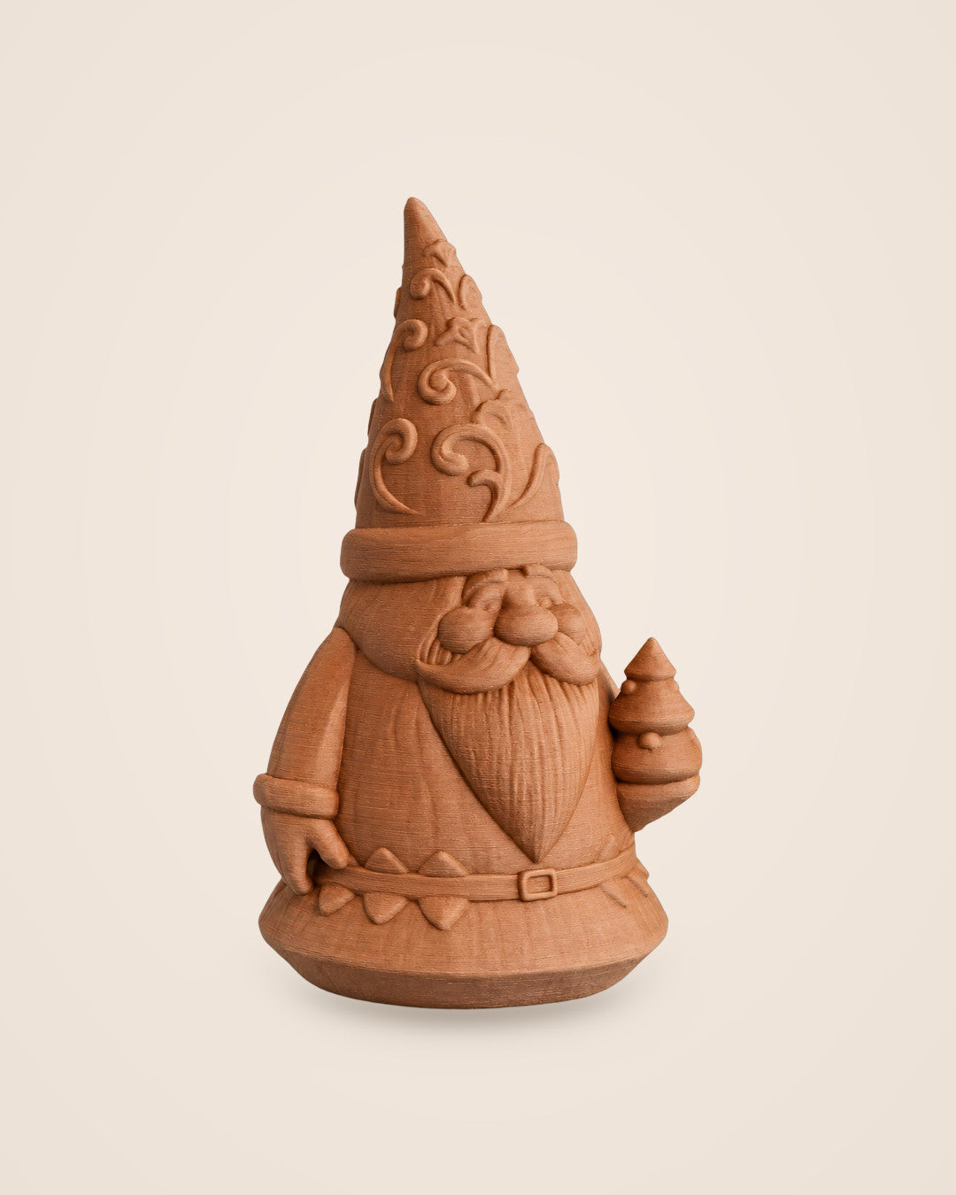 Carved Santa Gnome: Folk-art Santa gnome with a carved-timber look and a tiny tree