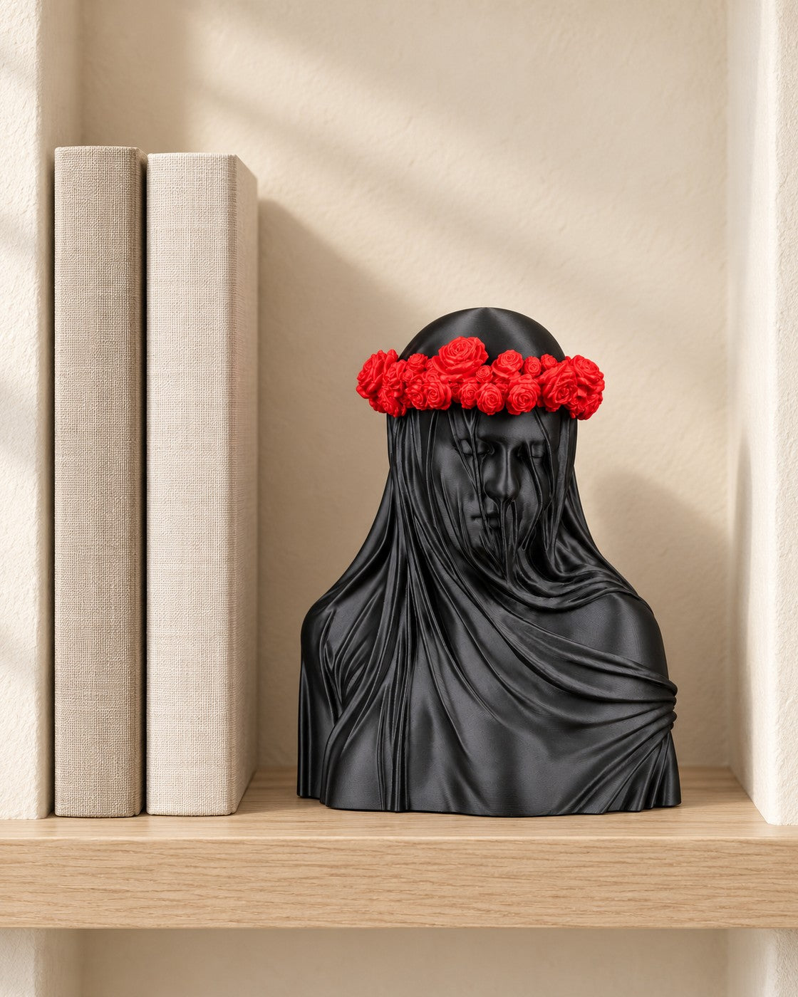 Veiled Rose Bust in a calm, softly lit interior, shown at true scale