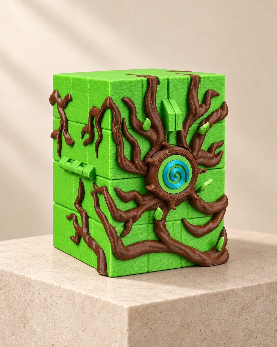 Forest Deck Box: A hinged magnetic deck box with roots, leaves and a teal spiral