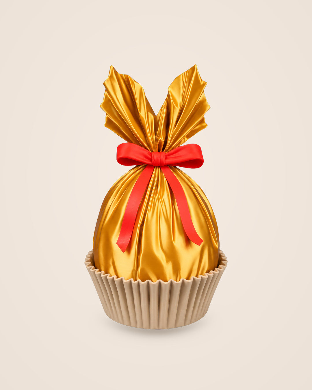 Gold Wrapped Treat Dish: Lift-off sweet dish with a pleated gold wrapper and red bow