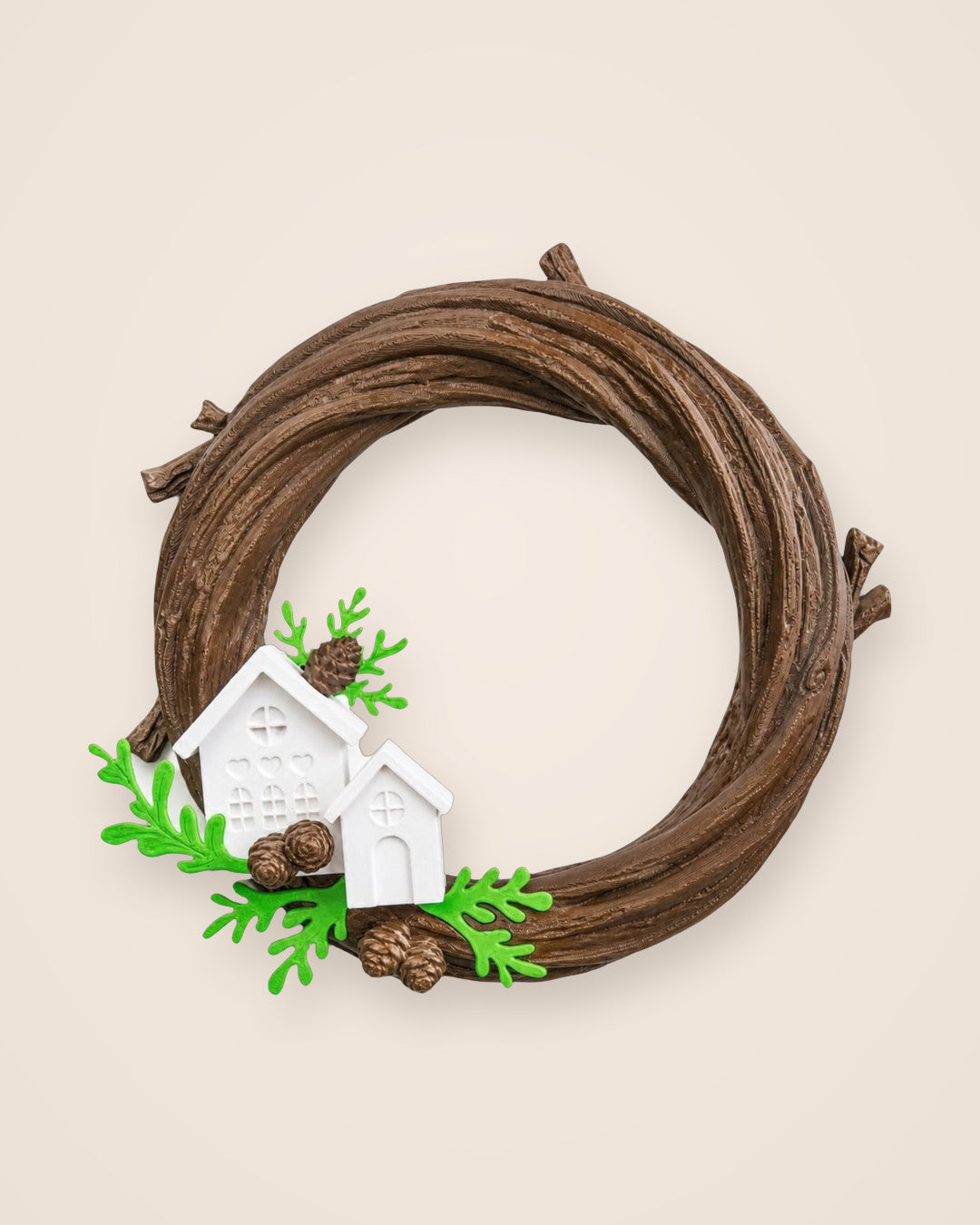 Naturally Merry Wreath: Woodland wreath of twisted branches, two snowy houses and pine cones