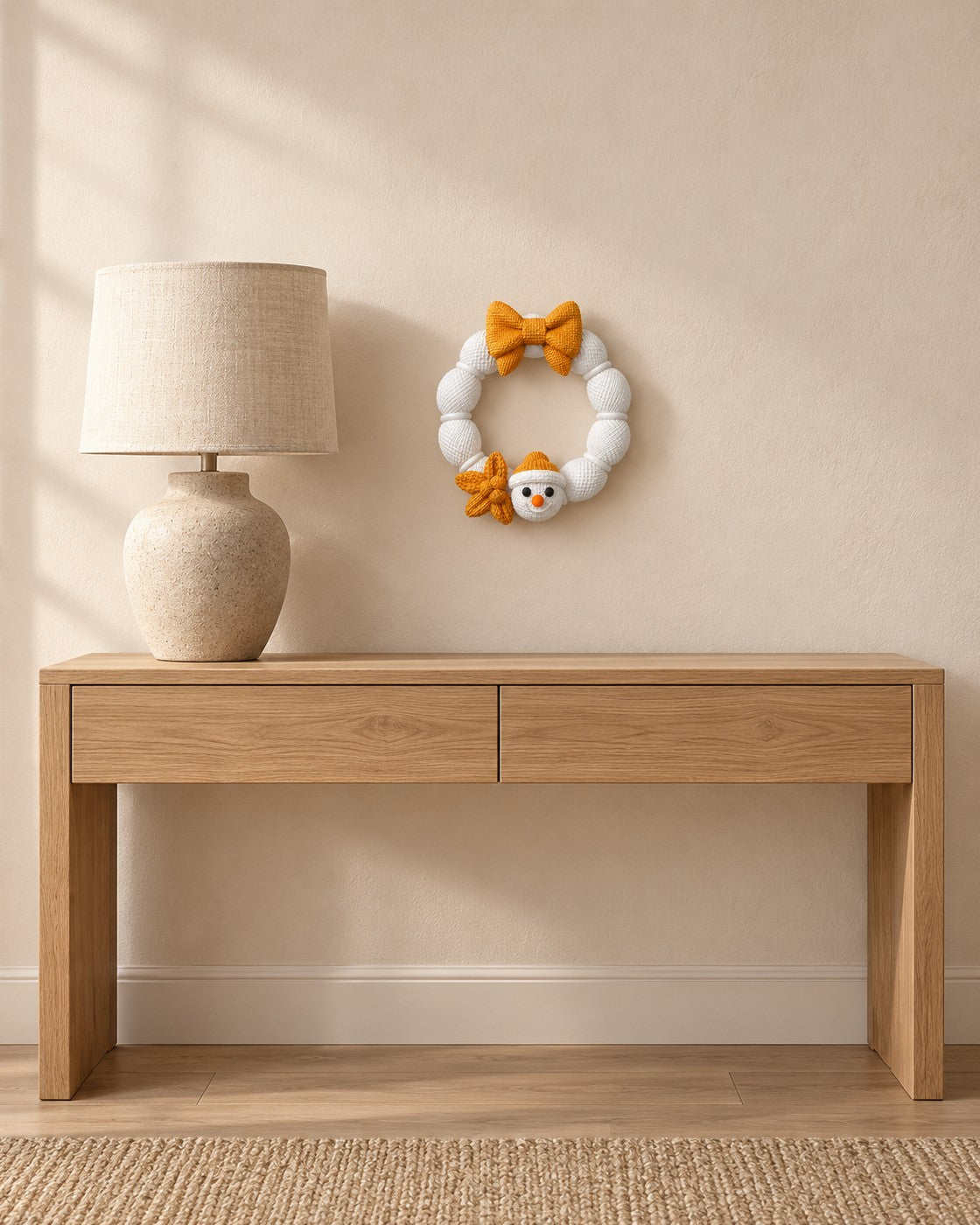 Knitted-Look Snowman Wreath in a calm, softly lit interior, shown at true scale