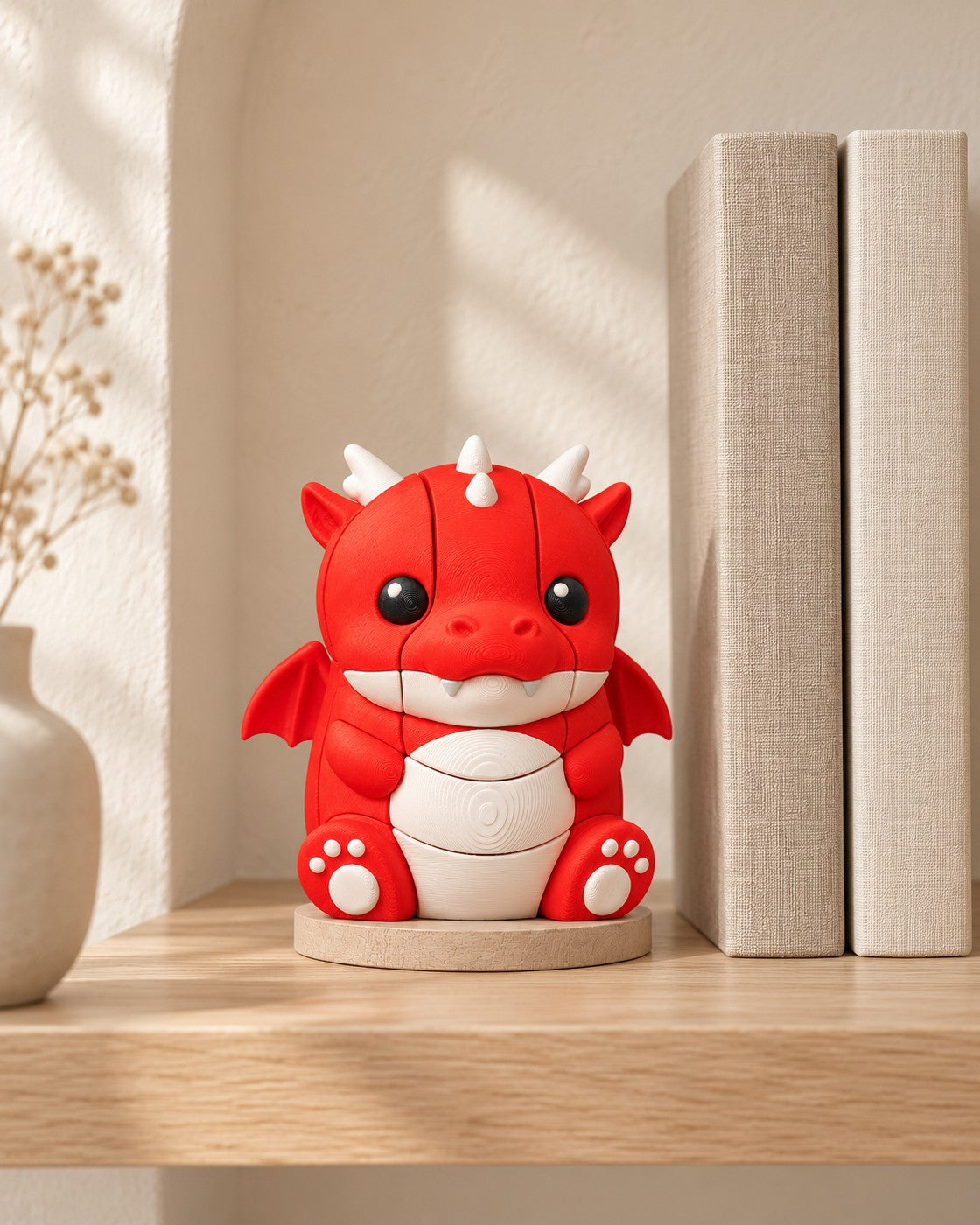 Red Dragon Stacking Puzzle in a calm, softly lit interior, shown at true scale