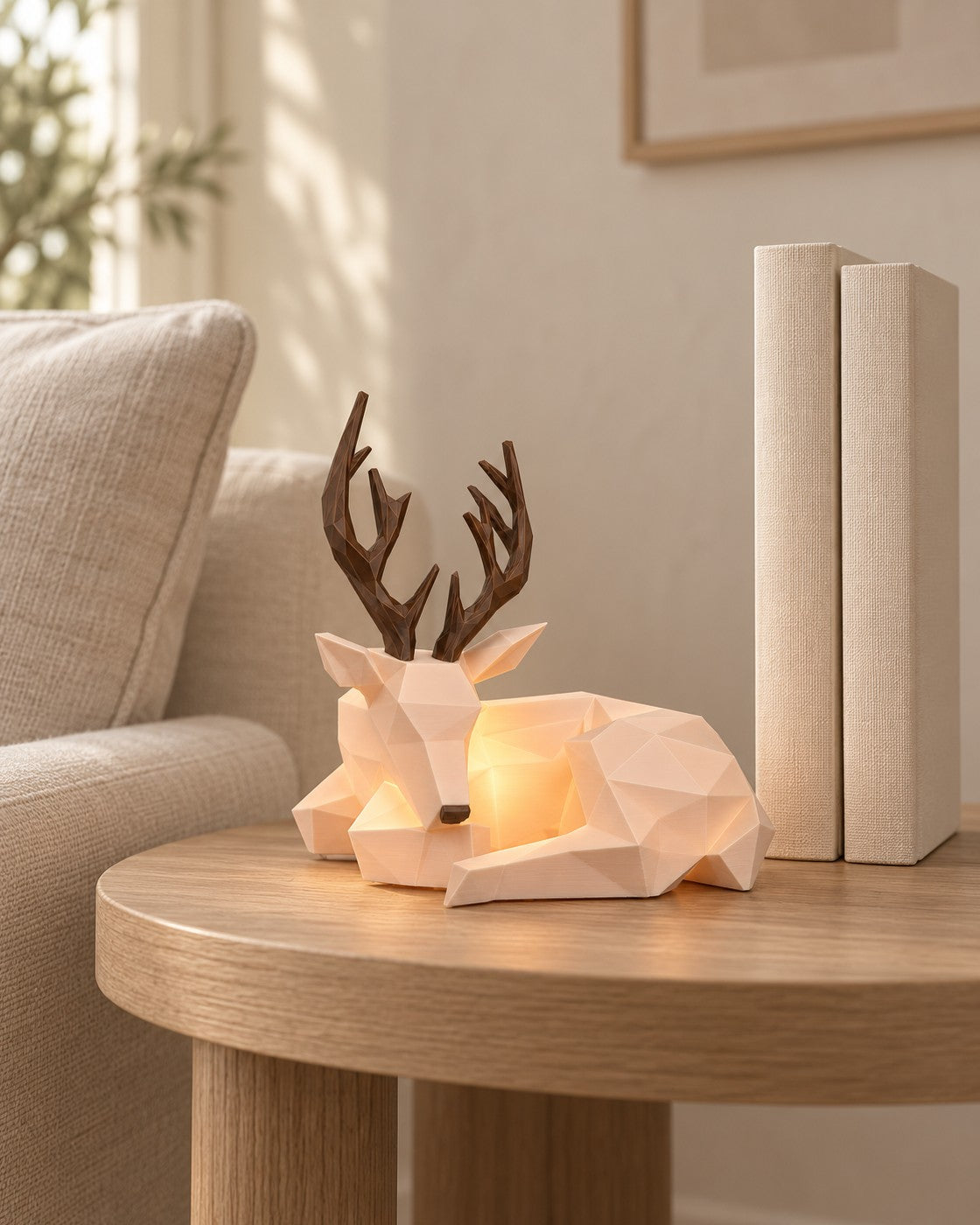 Faceted Deer Lamp in a calm, softly lit interior, shown at true scale