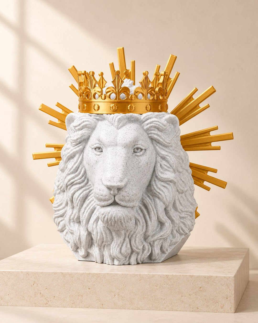 Lion of Judah Sculpture: A crowned lion with a flowing mane, in white and gold-coloured detail