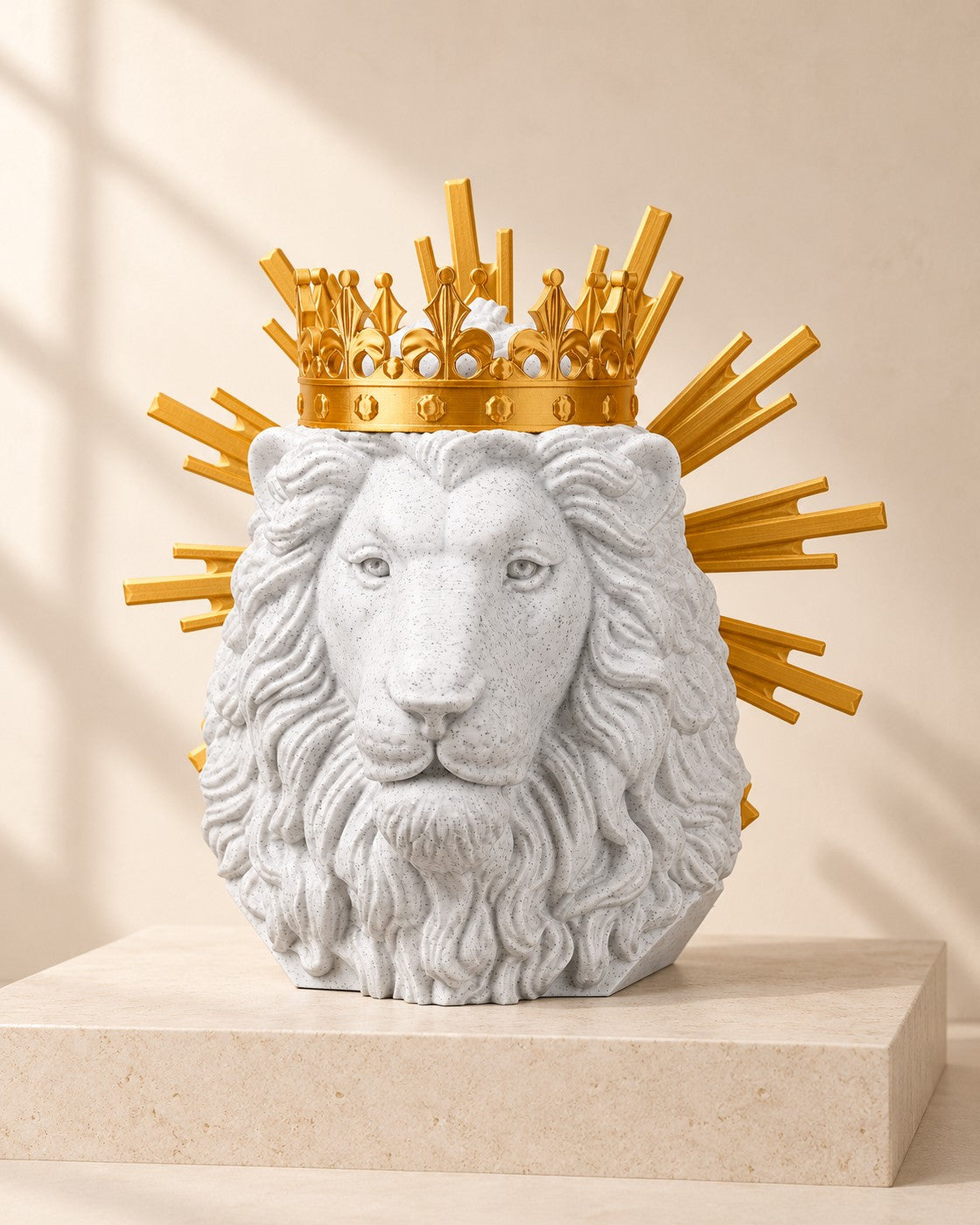 Lion of Judah Sculpture on a pale limestone plinth, soft studio light