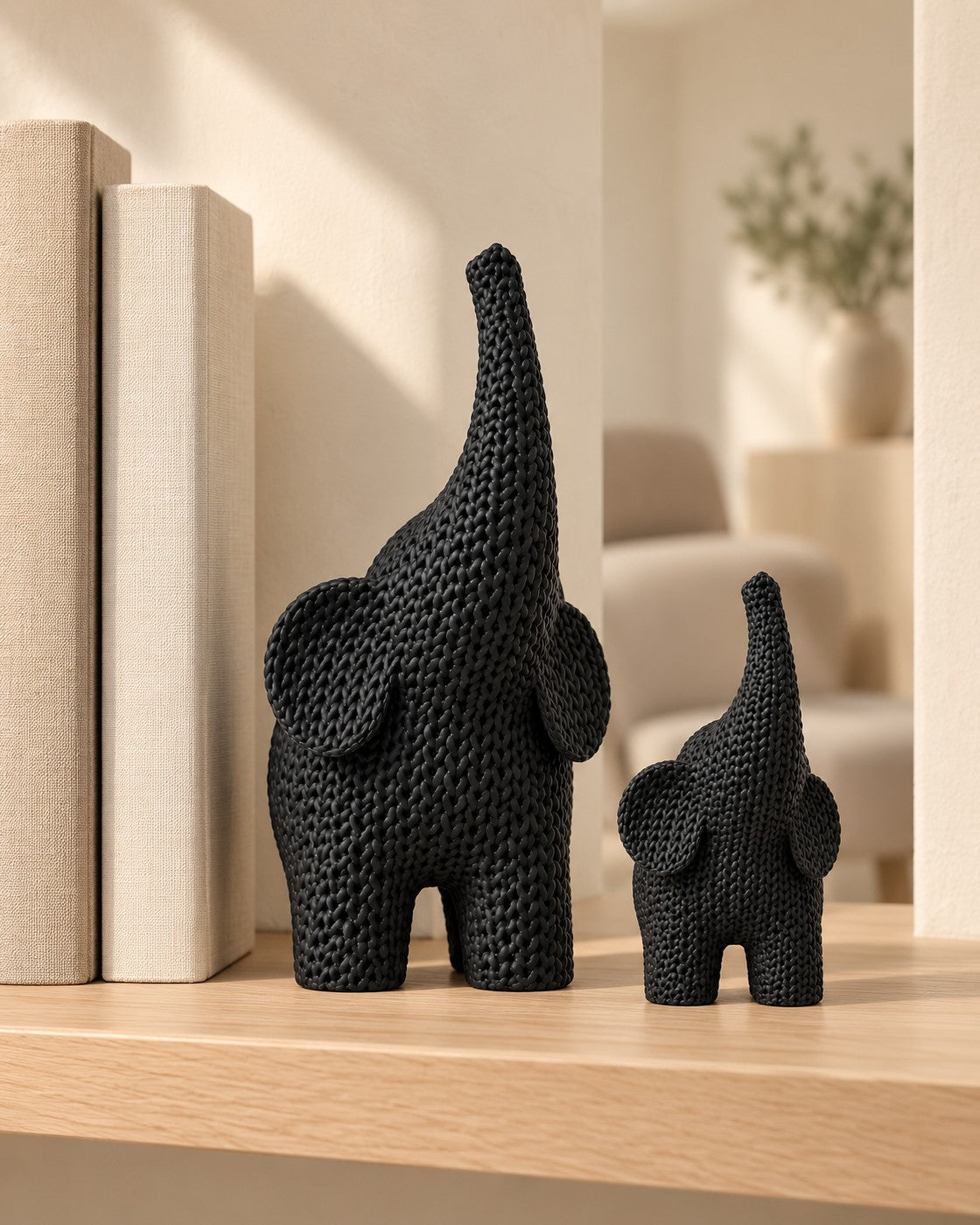Knitted Elephant Pair in a calm, softly lit interior, shown at true scale