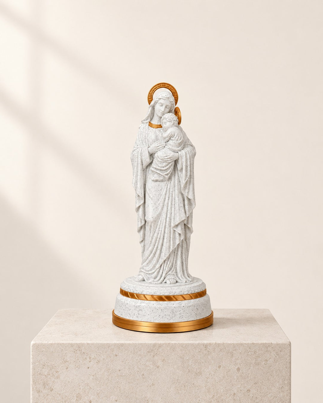 Mary and Child Statue: A warm LED statue of Mary cradling the child Jesus