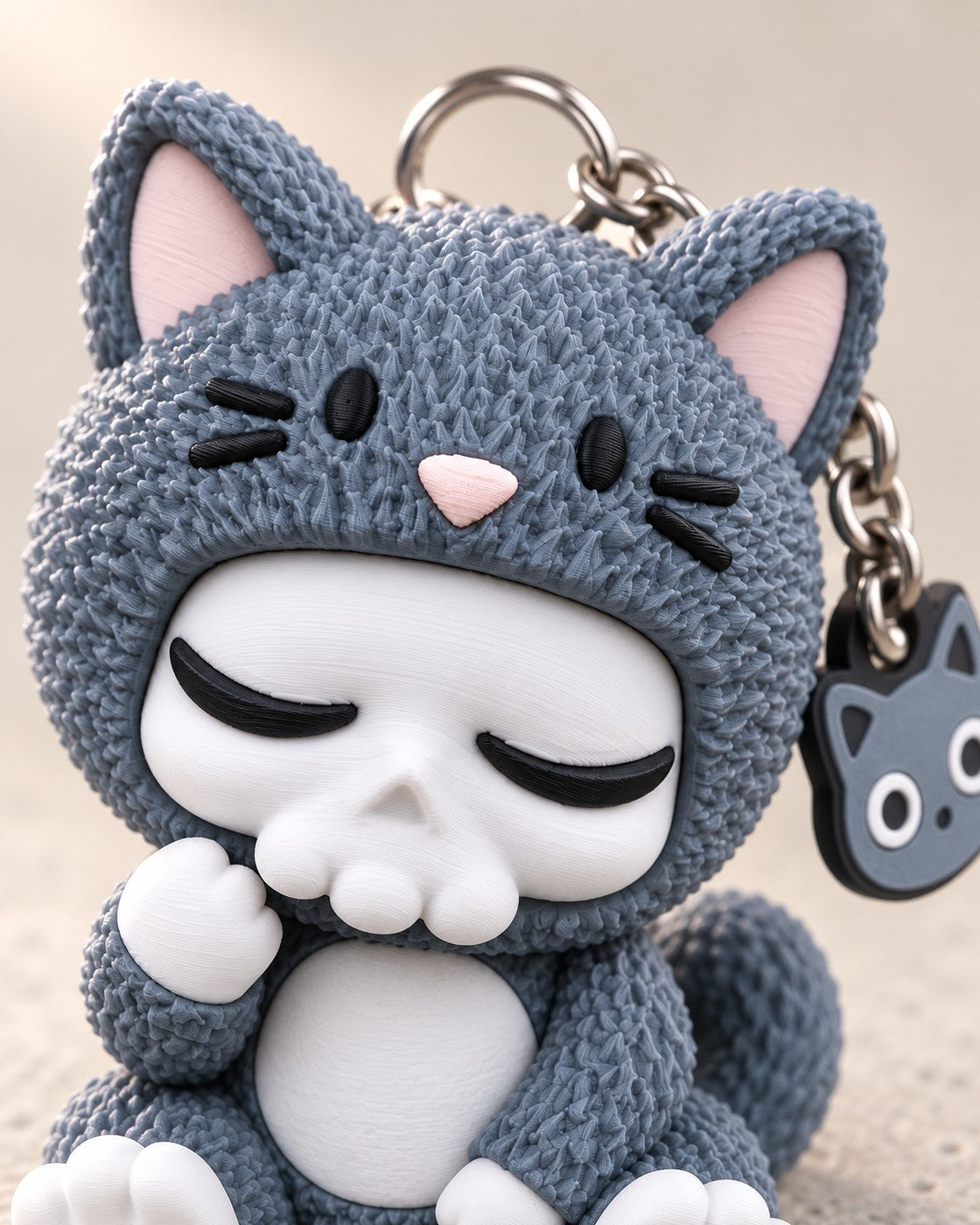 Close-up of the Sleepy Cat Skull Charm showing fine printed layer lines