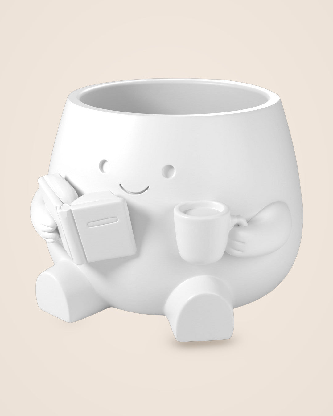 Book Lover Planter: A smiling reader holding a book and mug, with a drainage hole