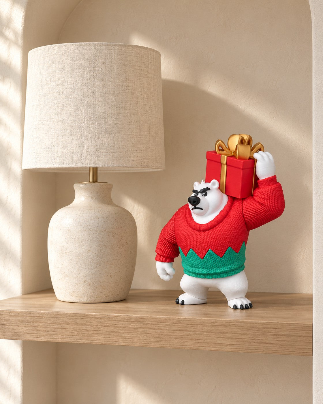 Polar Bear with Gift in a calm, softly lit interior, shown at true scale