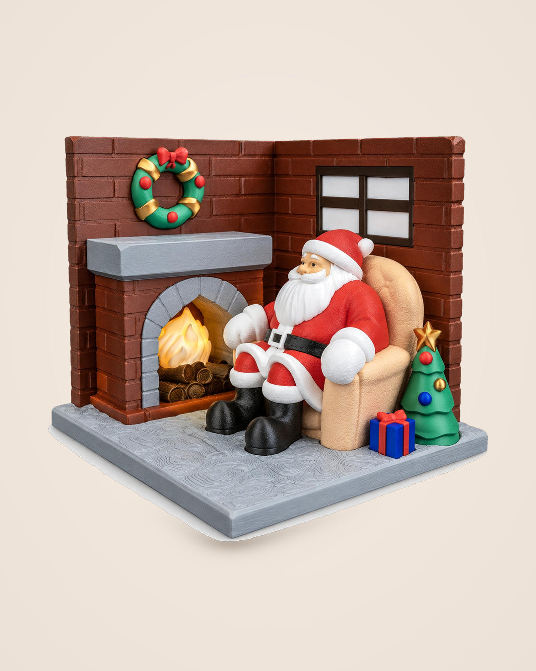 Santa Fireside Lamp: Miniature Christmas Eve living room with a softly glowing fireplace