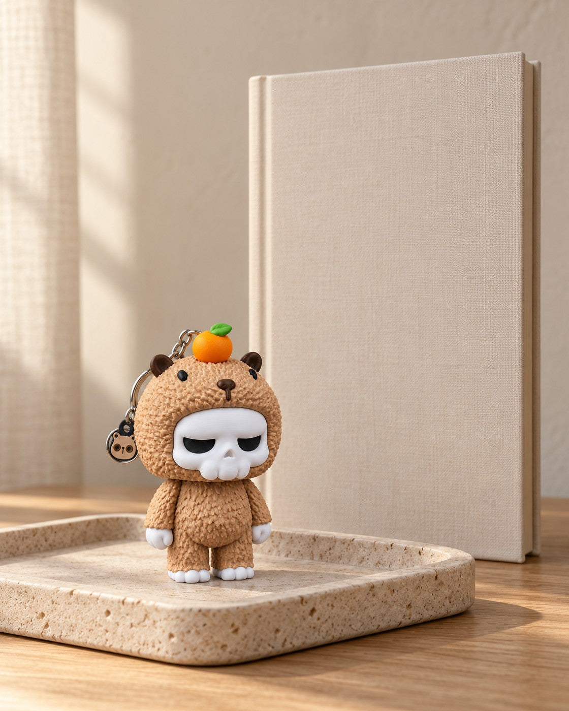 Sleepy Skull Bear Keyring in a calm, softly lit interior, shown at true scale