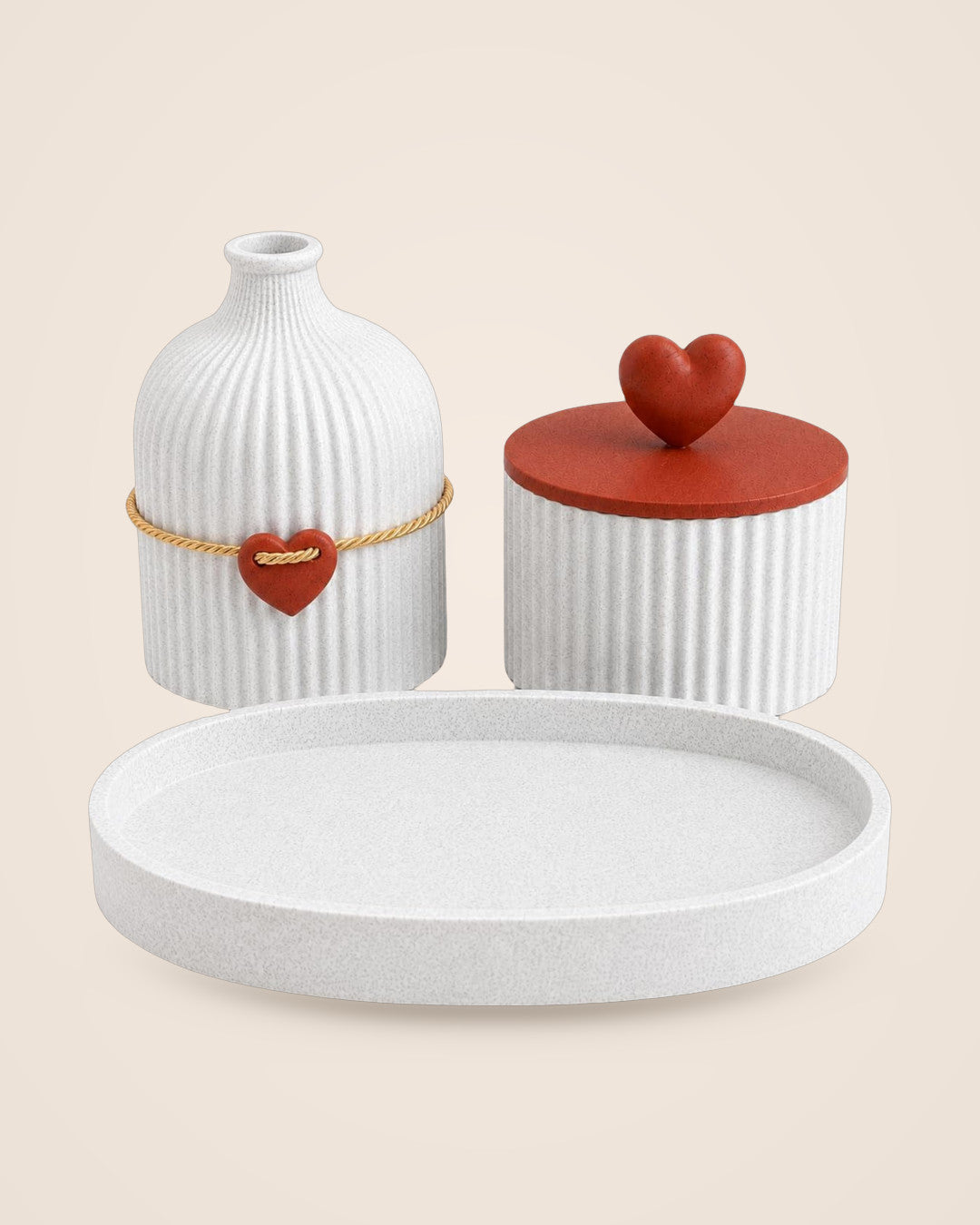 Four-Piece Vanity Set: Fluted vase, heart-lidded trinket pot and oval tray in white and red