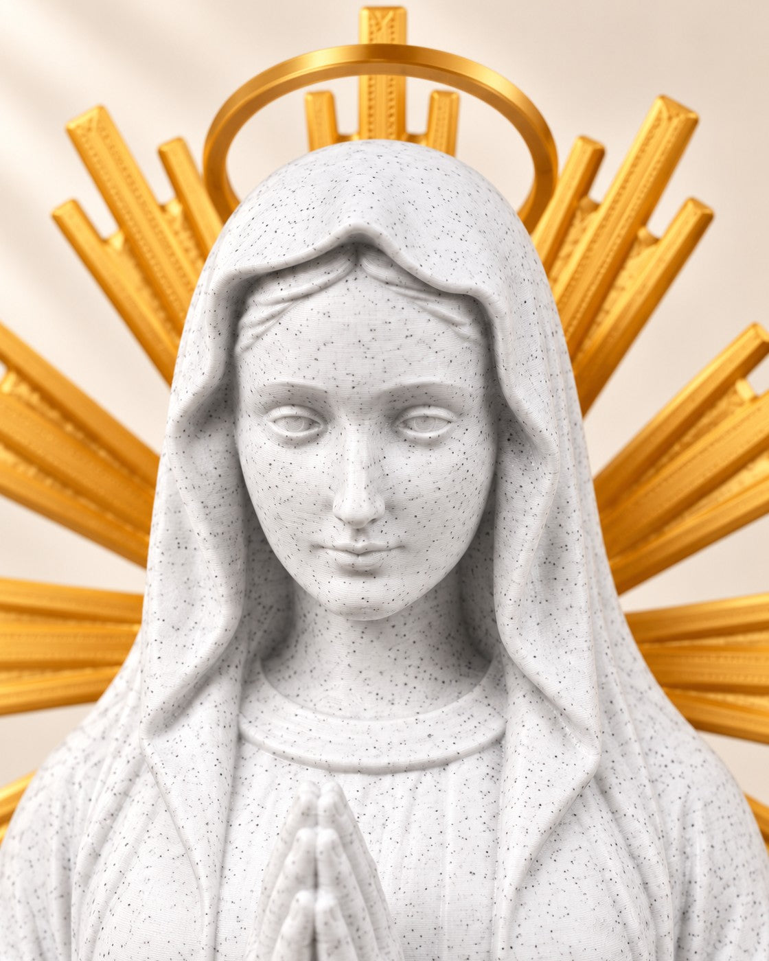 Close-up of the Holy Mary Sunburst Bust showing fine printed layer lines