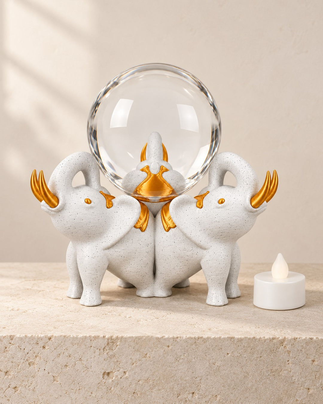 Elephant Trio Crystal Ball Holder: Three marble-effect elephants with gold details, a glass sphere and an LED tealight