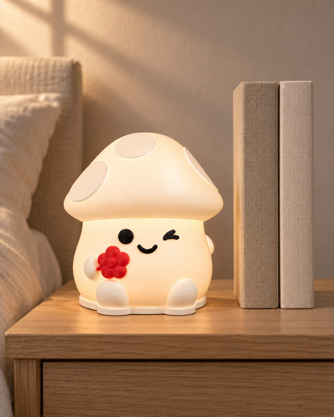 Winking Mushroom Lamp in a calm, softly lit interior, shown at true scale