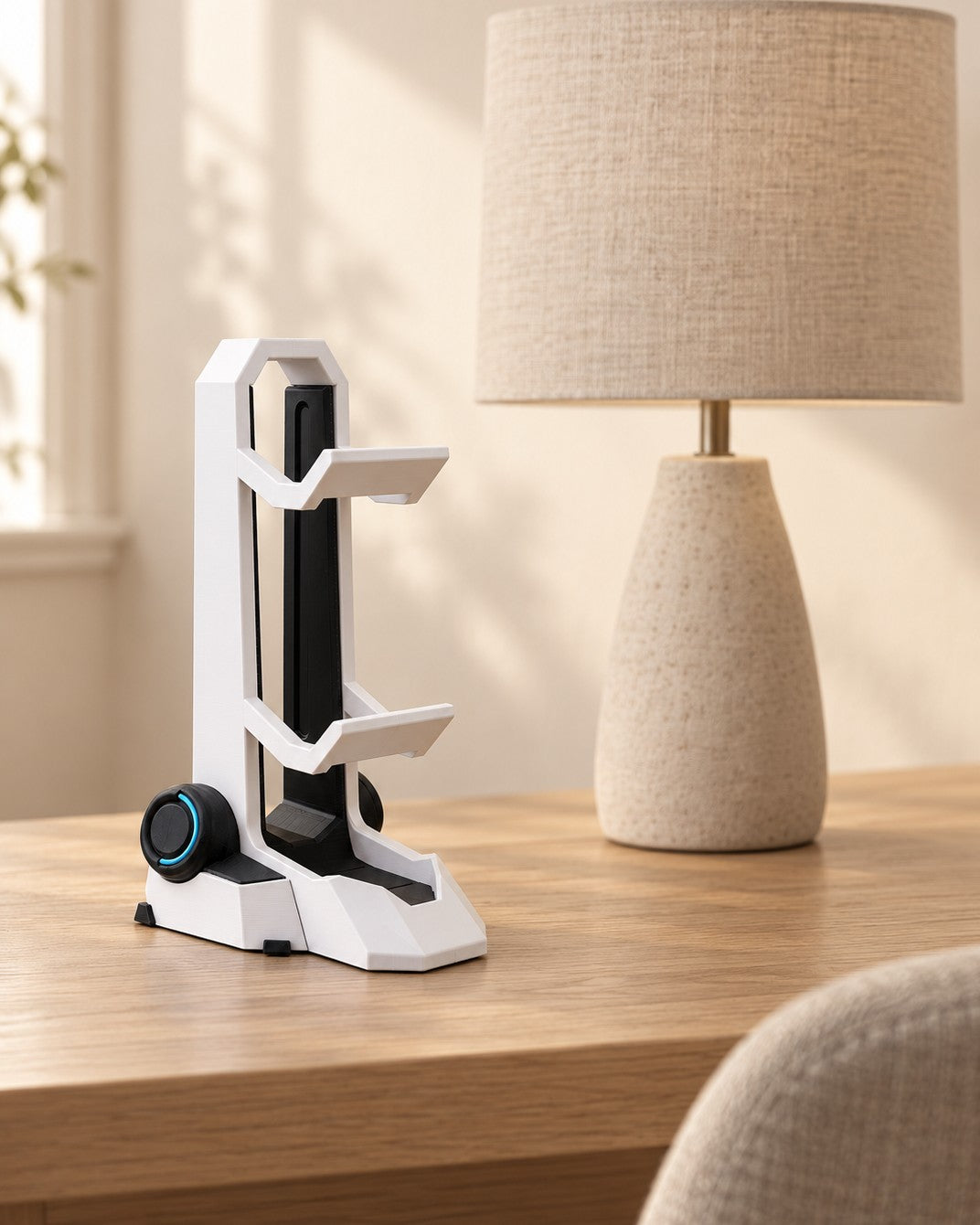 Twin Controller Stand in a calm, softly lit interior, shown at true scale