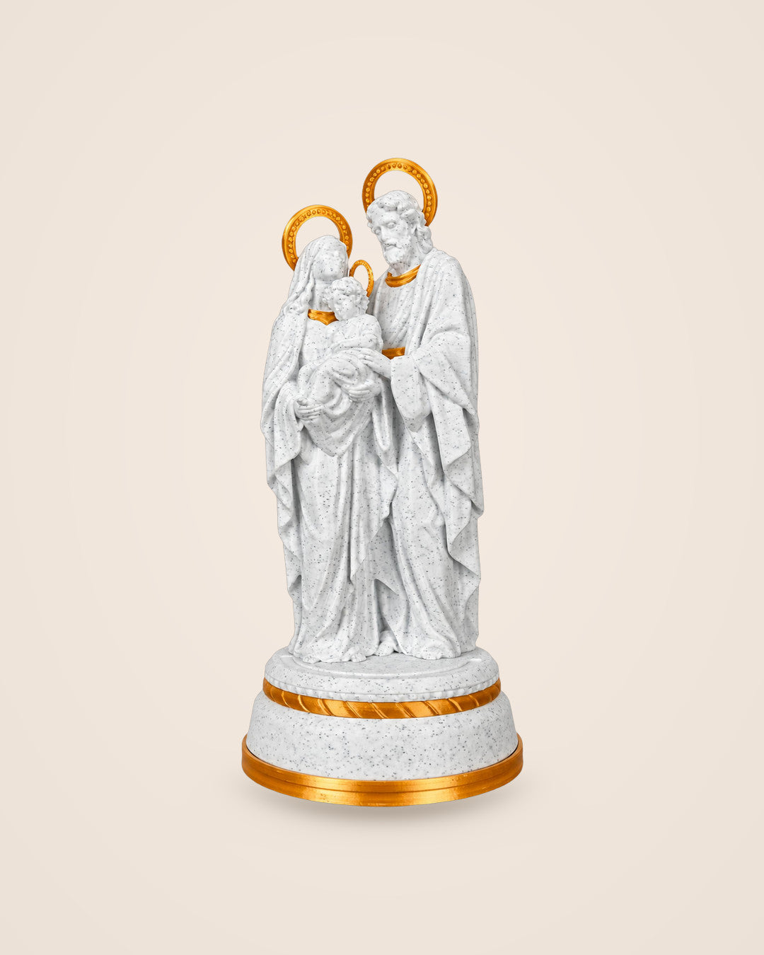 Holy Family Statue: Illuminated 16 cm figure in speckled stone effect with gold-tone details