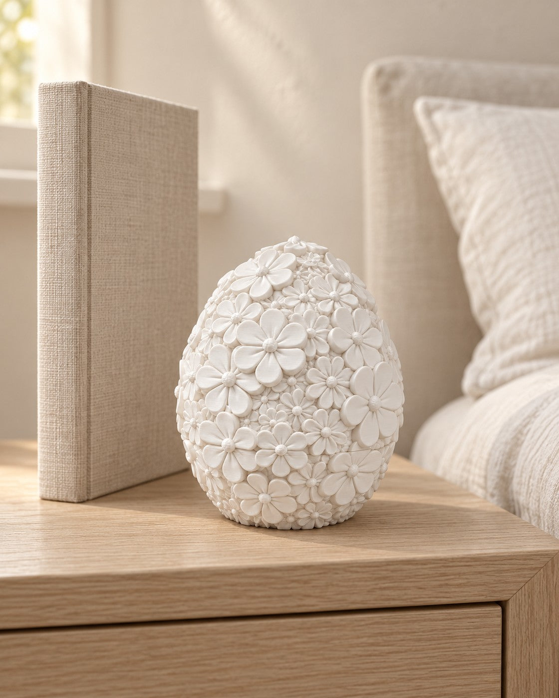 Daisy Bloom Egg Box in a calm, softly lit interior, shown at true scale