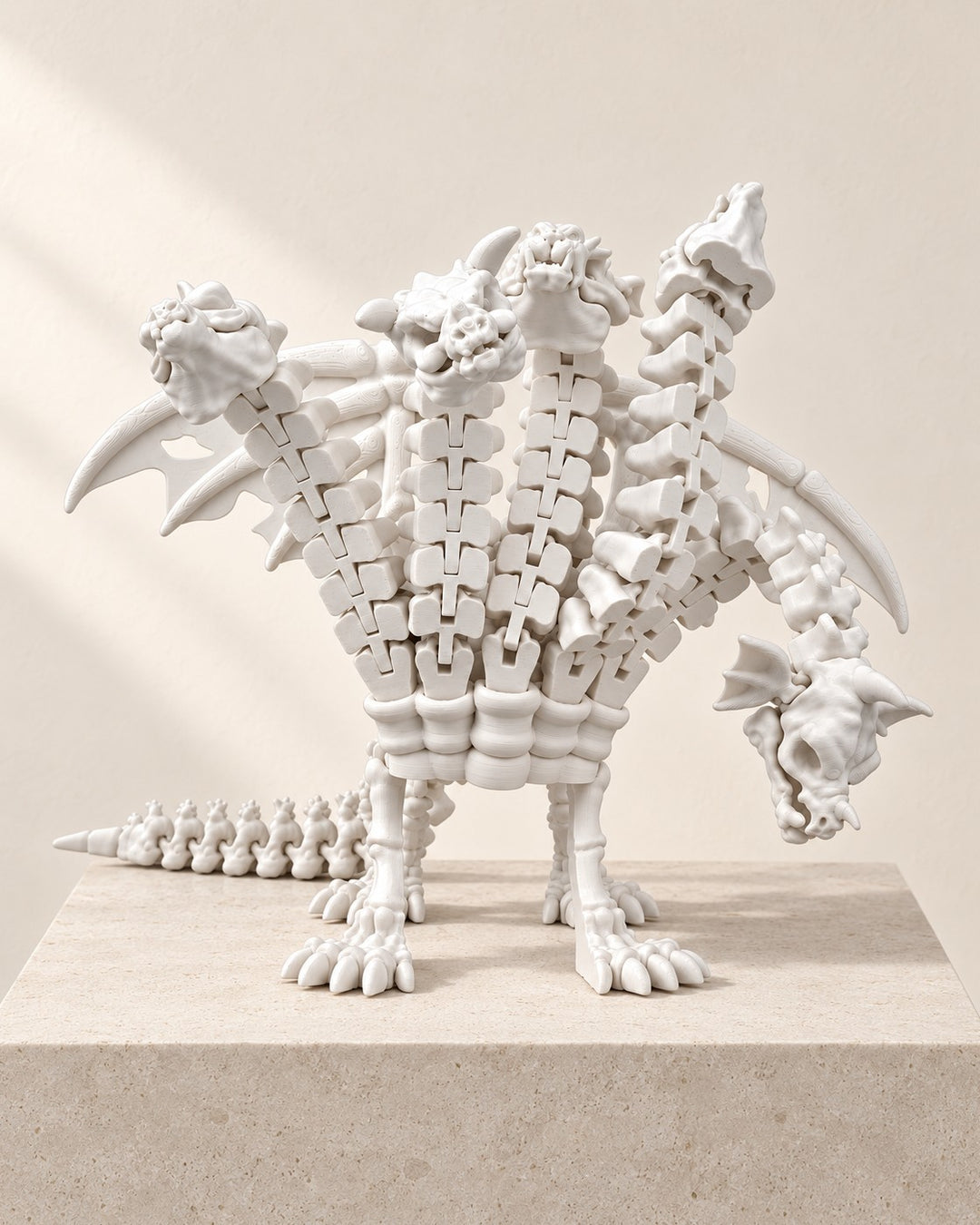 Five-Headed Dragon Skeleton: Bone-white dragon with five bending necks and a segmented tail